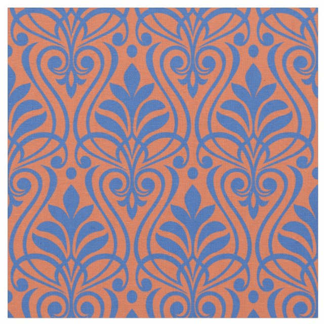 Art Deco Muster 01 - Preußisches Blau auf Orange Stoff (Nahaufnahme)