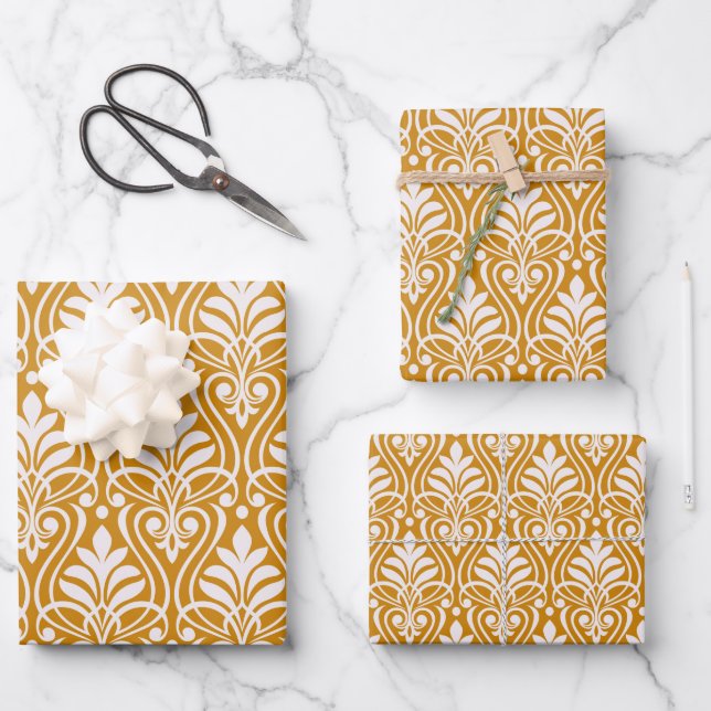 Art Deco Muster 01 - Weiß auf Deko Gold 2 Geschenkpapier Set (Vorderseite)