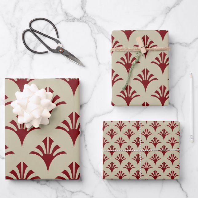 Art Deco Muster 02 - Mitternachtsrot auf Off-White Geschenkpapier Set (Vorderseite)