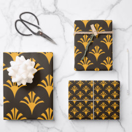 Art Deco Muster 02 - Vivid Gamboge auf Deko Black Geschenkpapier Set