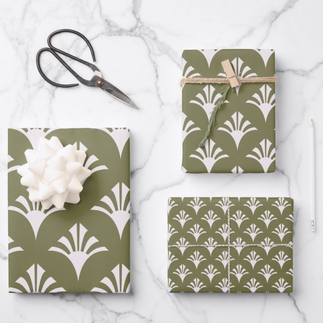 Art Deco Muster 02 - Weiß auf Camouflage Green Geschenkpapier Set (Vorderseite)