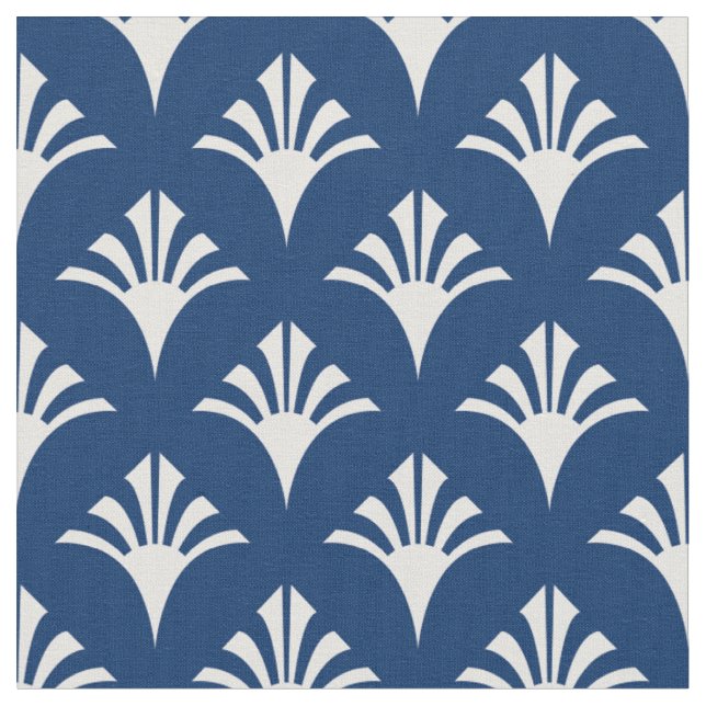 Art Deco Muster 02 - Weiß auf dunklem Azurblau Stoff (Nahaufnahme)