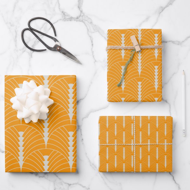 Art Deco Muster 03 - Off-White on Vivid Gamboge Geschenkpapier Set (Vorderseite)
