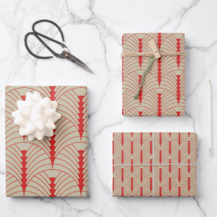 Art Deco Muster 03 - Persisches Rot auf Off-White Geschenkpapier Set