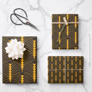 Art Deco Muster 03 - Vivid Gamboge auf Deko Black Geschenkpapier Set