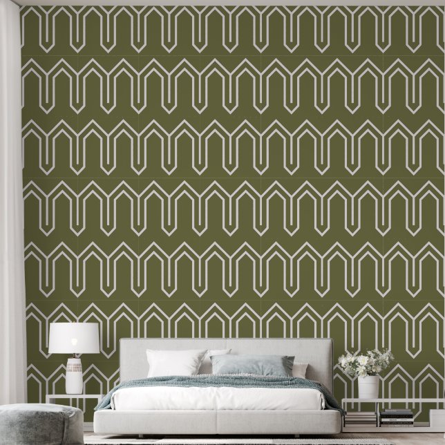 Art Deco Muster 05 - Weiß auf Camouflage Green Tapete (Schlafzimmer)