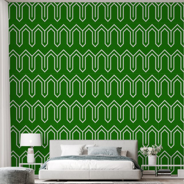 Art Deco Muster 05 - White on Forest Green Tapete (Schlafzimmer)
