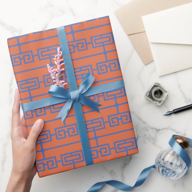 Art Deco Muster 09 - Preußen Blau auf Orange Geschenkpapier (Schenken)