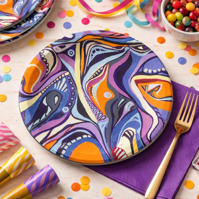 Art-Deco-Muster - blau und orange Pappteller (Von Creator hochgeladen)