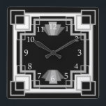 Art-Deco-Muster der 1920er Jahre, grau und schwarz Quadratische Wanduhr<br><div class="desc">Vintager Glamour stilisierte die Themenuhr der 20er Jahre. Das geometrische Quadrat ist grau und schwarz und hat ein gewagtes maskulinarisches Ambiente. Fügen Sie Ihrem Zuhause-Büro oder jedem Zimmer etwas Eleganz und Klasse hinzu.</div>