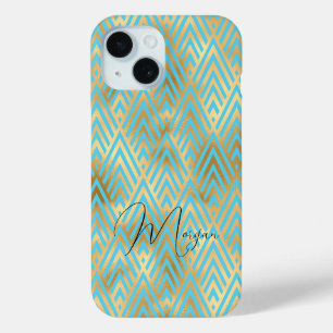 Art Deco Muster, Gold & Light Blue, Name des Skrip Case-Mate iPhone Hülle