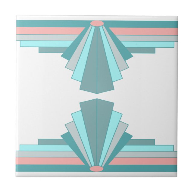Art Deco Muster in Aquamarin & Peach Fliese (Vorderseite)