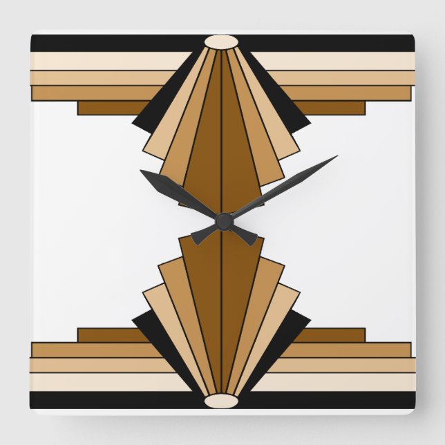 Art Deco Muster in Braun, Tan und Schwarz Quadratische Wanduhr (Vorderseite)