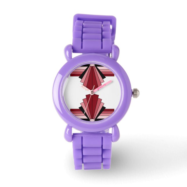 Art Deco Muster in Reds Armbanduhr (Vorderseite)