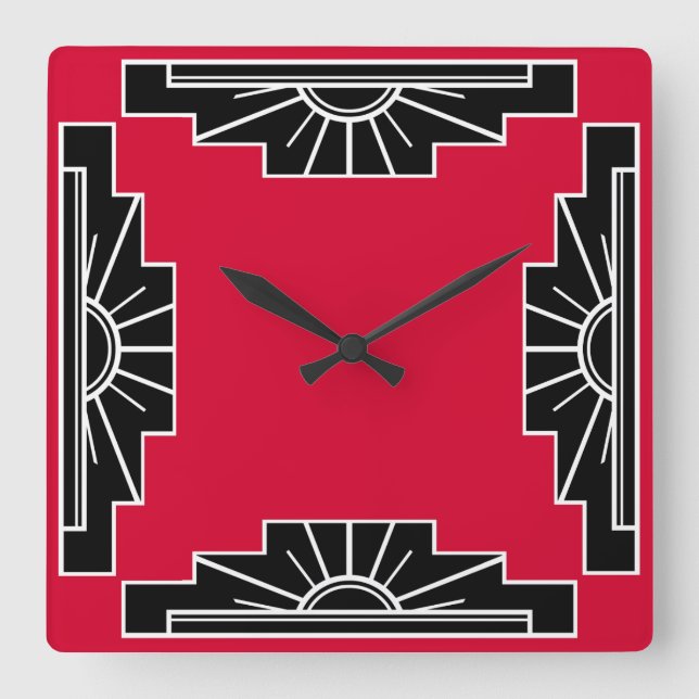 Art-Déco-Muster in Rot Quadratische Wanduhr (Vorderseite)