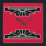 Art Deco Muster in Rot, Schwarz und Weiß Quadrat W Quadratische Wanduhr<br><div class="desc">Dieses rote Farbmuster, das auf klassischen Deko-Formen basiert, wird die Dekoration dieser Epoche Anzug geben</div>