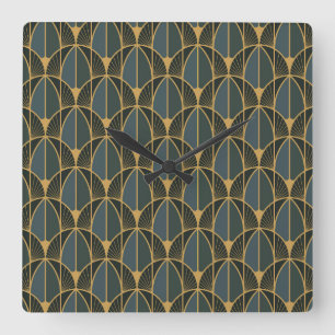 Art Deco-Muster mit goldenen geometrischen Formen Quadratische Wanduhr