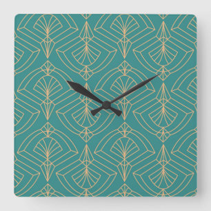 Art Deco-Muster mit goldenen geometrischen Formen Quadratische Wanduhr