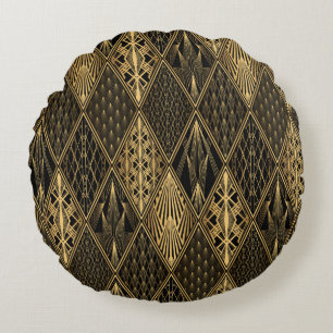 Art Deco Muster. Nahtlose schwarze und goldene Bac Rundes Kissen