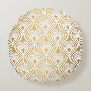 Art Deco Muster. Nahtloser weißer und goldener Hi Rundes Kissen