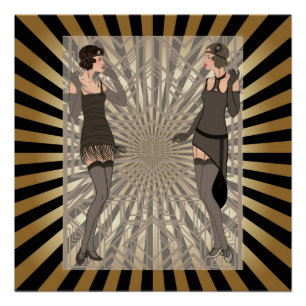 Art Deco, Muster, Streifen, Gold, Schwarz, Vintage Poster