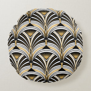 Art-Deco-Muster. Vintages Gold Schwarz-weiß Rundes Kissen