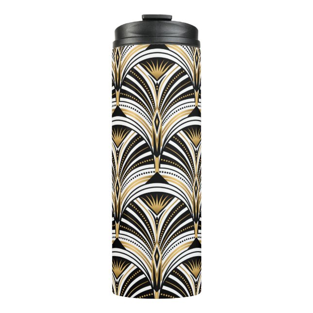 Art-Deco-Muster. Vintages Gold Schwarz-weiß Thermosbecher (Vorderseite)