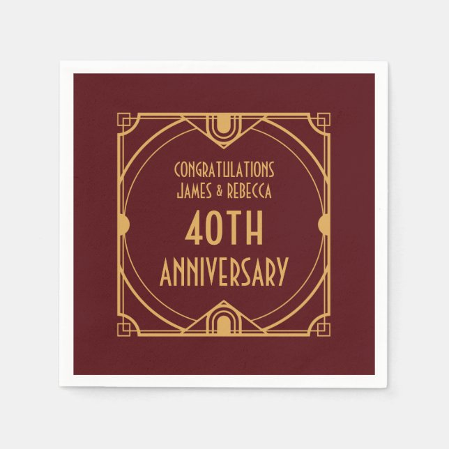 Art Deco Name 40. Hochzeit Jahrestag Ruby Red Serviette (Vorderseite)