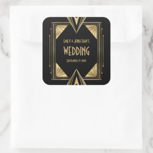 Art Deco Namen Datum Gold Schwarz Hochzeit Quadratischer Aufkleber