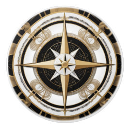 Art Deco Nautic Compass Rose Schwarz-weiß Gold Keramikknauf