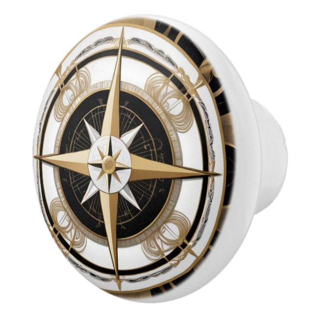 Art Deco Nautic Compass Rose Schwarz-weiß Gold Keramikknauf (Rechts)