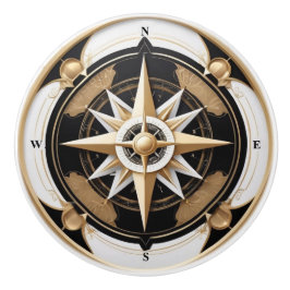 Art Deco Nautic Compass Rose Schwarz-weiß Gold Keramikknauf