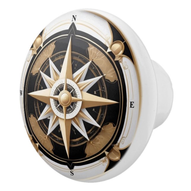 Art Deco Nautic Compass Rose Schwarz-weiß Gold Keramikknauf (Rechts)
