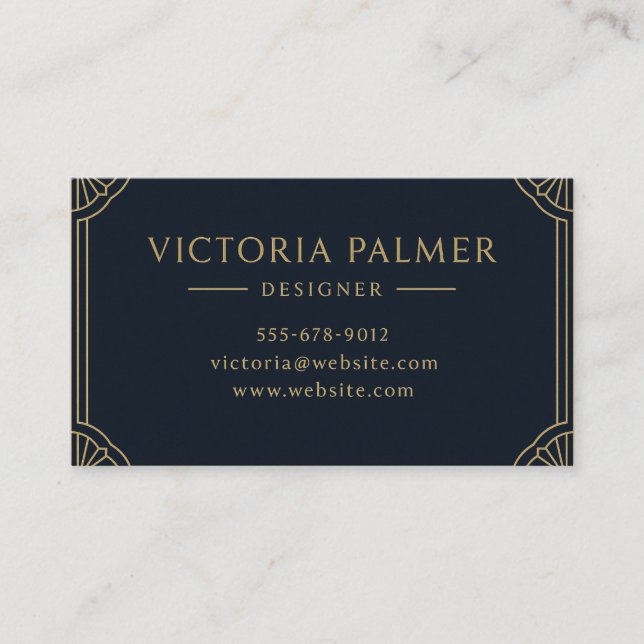 Art Deco Navy and Gold Luxury Business Card Visitenkarte (Vorderseite)
