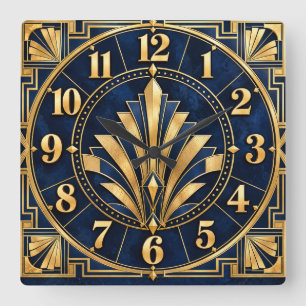 Art Deco Navy Blau & Gold Glamour-Uhr Quadratische Wanduhr