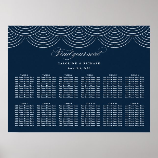 Art Deco Navy Blue Silver Wedding Chart Poster (Vorne)