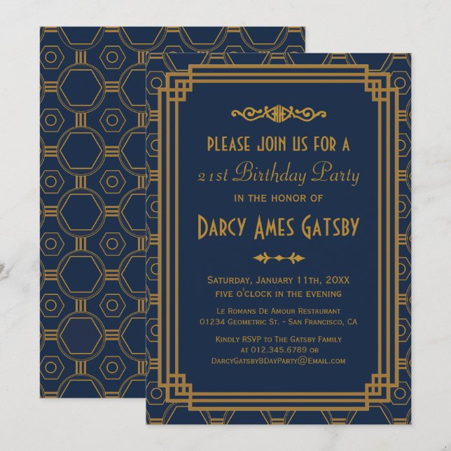 Art Deco Navy Geburtstagsparty Einladung (Vorne/Hinten)