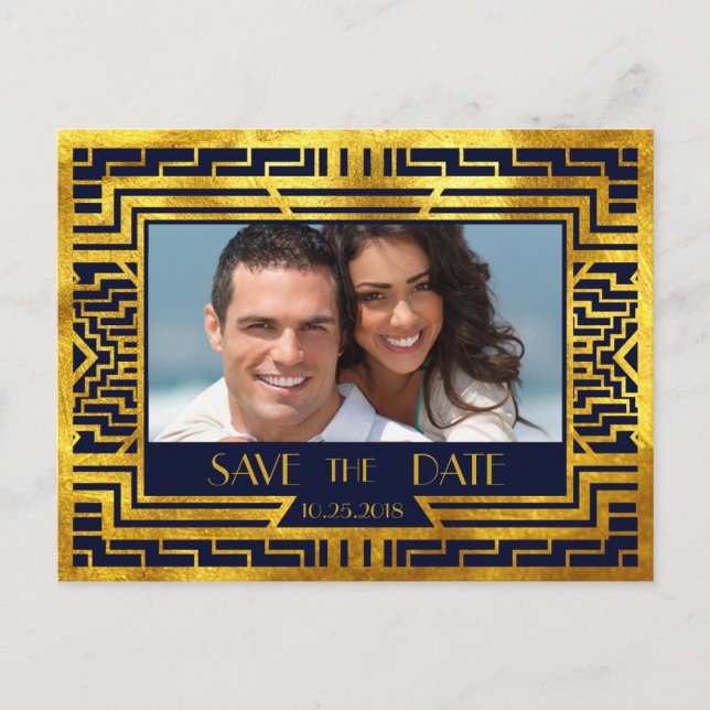 Art Deco Navy Gold Geometric Modern Save the Date Ankündigungspostkarte (Vorderseite)