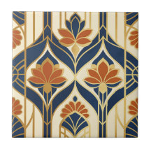 Art Deco Navy Terrakotta & Gold Lotus