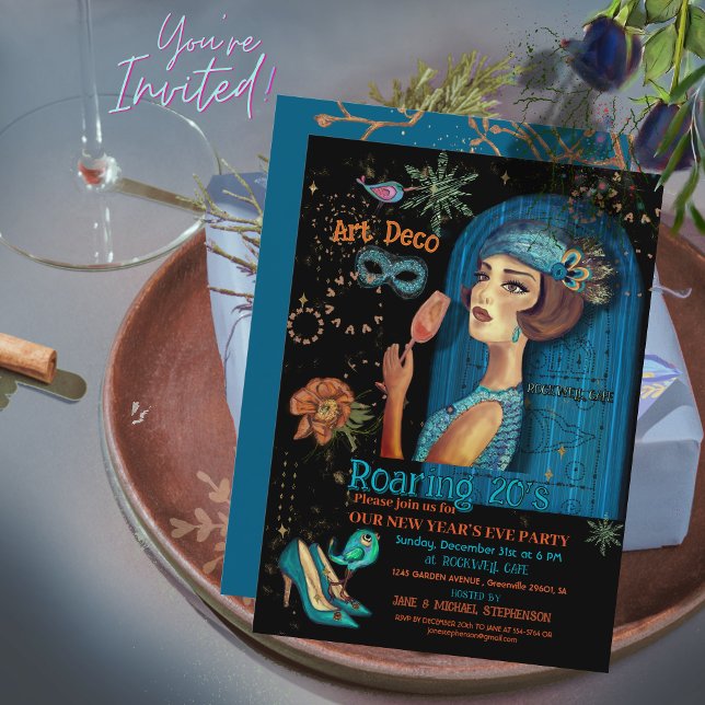 Art Deco Neujahr Aquamarine Schwarze Einladung (Art Deco New Year’s Eve Teal Black Invitation )