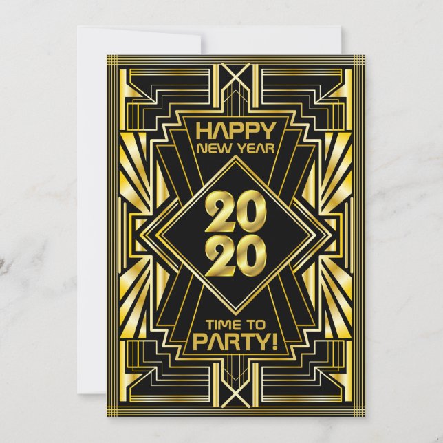 Art Deco New Year Party 2020 Gold Black Gatsby Einladung (Vorderseite)