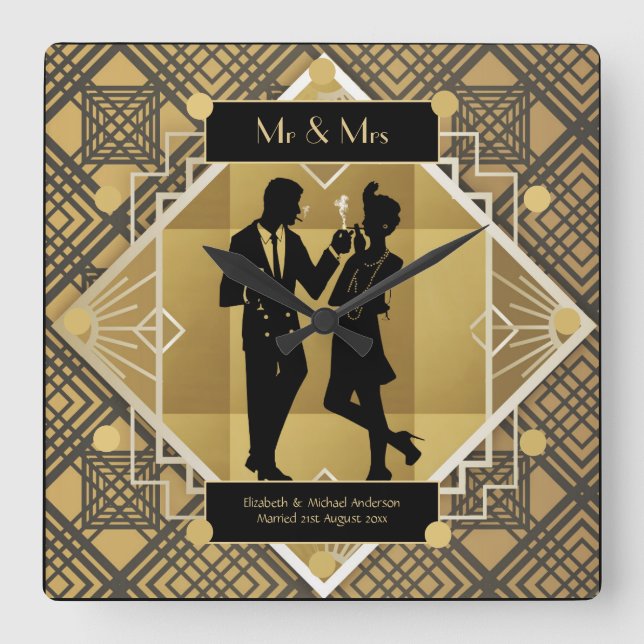 Art Deco Newlyweds Couple Black Gold Custom der 19 Quadratische Wanduhr (Vorderseite)