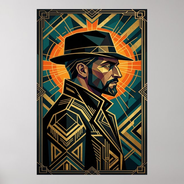 Art Deco Noir Detective Fedora Profile Gold  Poster (Vorne)