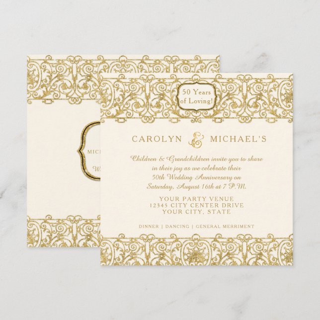 Art Deco Nouveau 50. Jubiläumscreme Einladung (Vorne/Hinten)