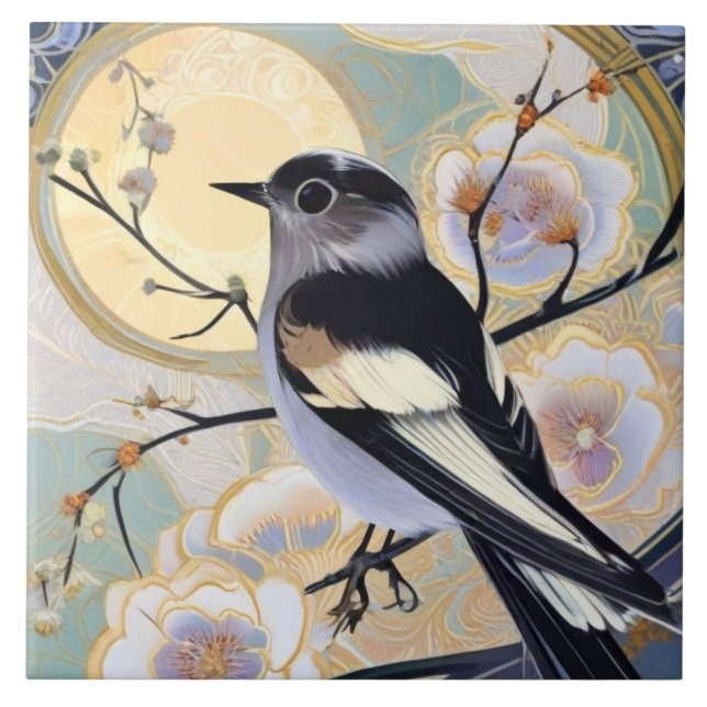 Art Deco Nouveau Bird auf dem Zweig Mute Floral Fliese (Vorderseite)