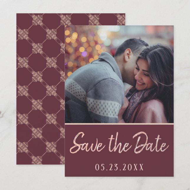 Art Deco Nouveau | Burgund Rose Gold Blush Foto Save The Date (Vorne/Hinten)