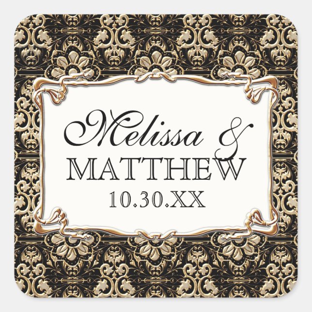 Art Deco Nouveau Imitate Gold Flora Damaskus Quadratischer Aufkleber (Vorderseite)