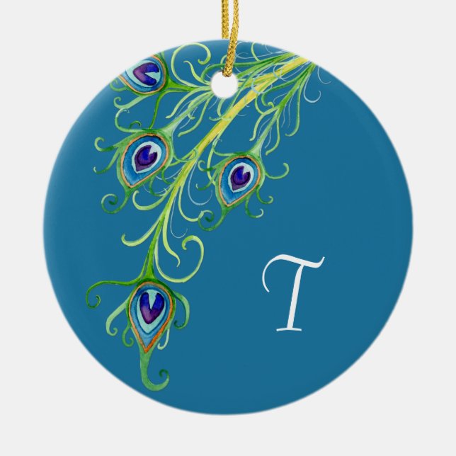 Art Deco Nouveau Peacock Feathers Swirl Keramik Ornament (Vorne)