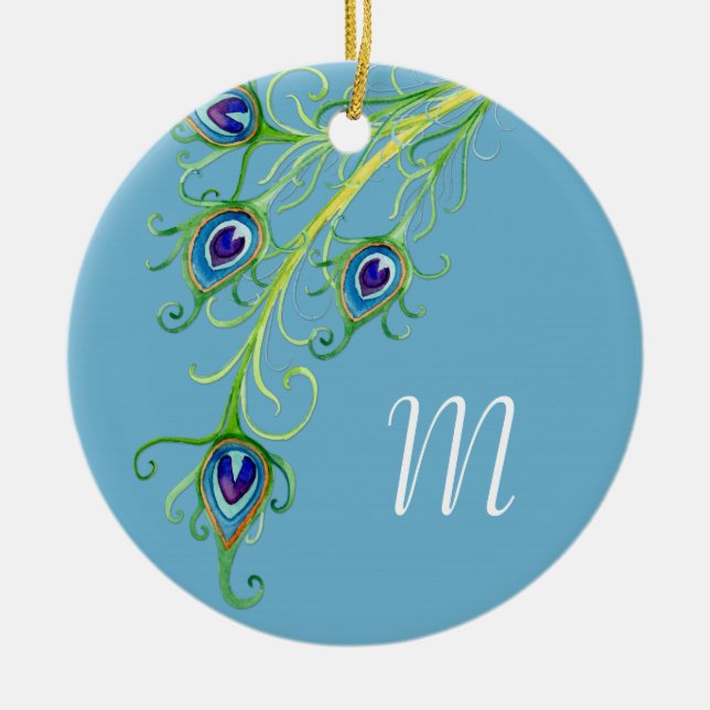 Art Deco Nouveau Peacock Feathers Swirl Keramik Ornament (Vorne)