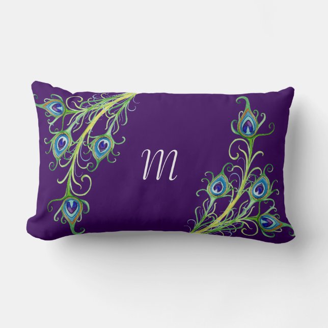 Art Deco Nouveau Peacock Feathers Swirl Lendenkissen (Vorderseite)